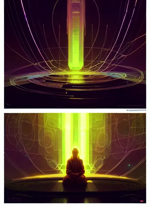 Prompt: high depth, collective civilization travel, calm, healing, resting, life, hybrids, scifi, glowing lights!!, published concept art, mixed medias, image overlays, sharp focus, thin glowing wires, winning illustration, art by greg rutkowski and alphonse mucha, singularity!!!, 3 6 0 projection