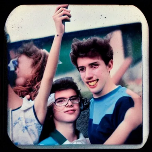 Image similar to selfie French teenagers in the 80's, flash color polaroid, detailed