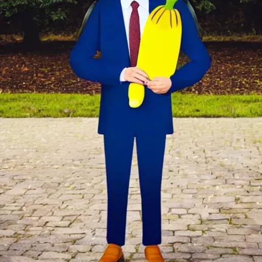 Image similar to a person with a banana head wearing a business suit