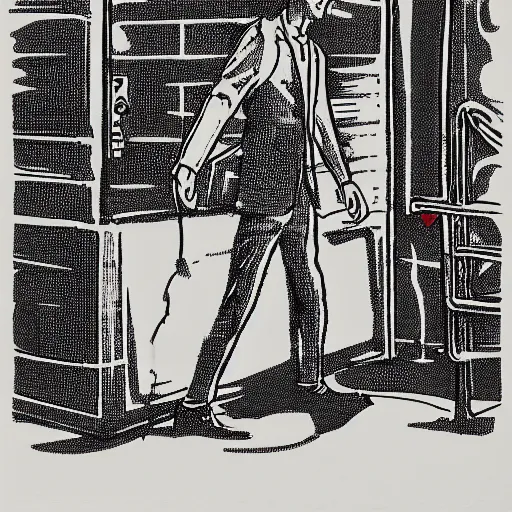 Image similar to a risograph print of a man walking into a New York City subway station