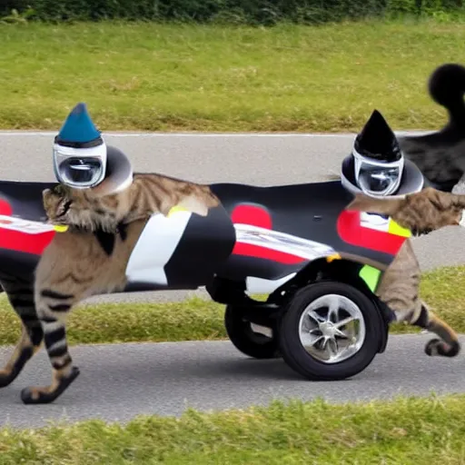 Prompt: flying cats with race driving gear on