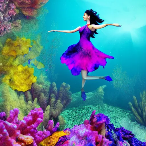 Image similar to woman dancing underwater wearing a flowing dress made of blue, magenta, and yellow seaweed, amazing corals around her, swirling silver fish, unreal engine, caustics lighting from above, cinematic