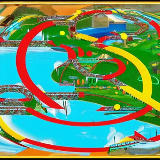 Prompt: Atlantis underwater kingdom world top down fzero wave racer 64 racetrack layout. Mario kart looping racetrack F1 race trail diagram.