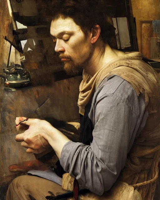 Prompt: an exhausted painter in his studio by edgar maxence and caravaggio and michael whelan, intricate painting, hyper realistic, extremely detailed and beautiful aesthetic face, 8 k resolution