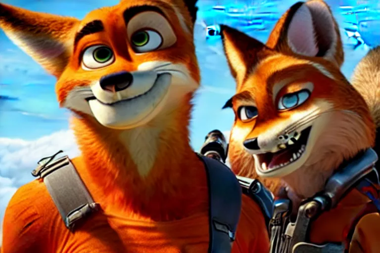 Image similar to nick wilde ( from zootopia ), heavily armed and armored facing down armageddon in a dark and gritty reboot from the makers of mad max : fury road