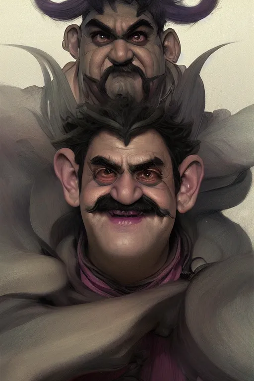 Image similar to portrait of Wario from WarioWare, dreamy and ethereal and dark, smiling expression, dark fantasy, chaotic, elegant, highly detailed, digital painting, artstation, concept art, smooth, sharp focus, illustration, art by artgerm and greg rutkowski and alphonse mucha