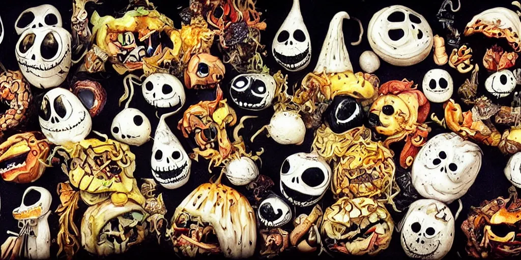 Prompt: curved perspective burned food by tim burton's the nightmare before christmas