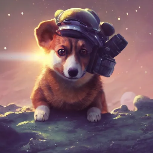 Prompt: an extremely cute corgi cosmonaut exploring an alien planet, beautiful starry sky in the background, highly detailed digital art, greg rutkowski, trending on artstation, hyperrealistic, octane, 8 k