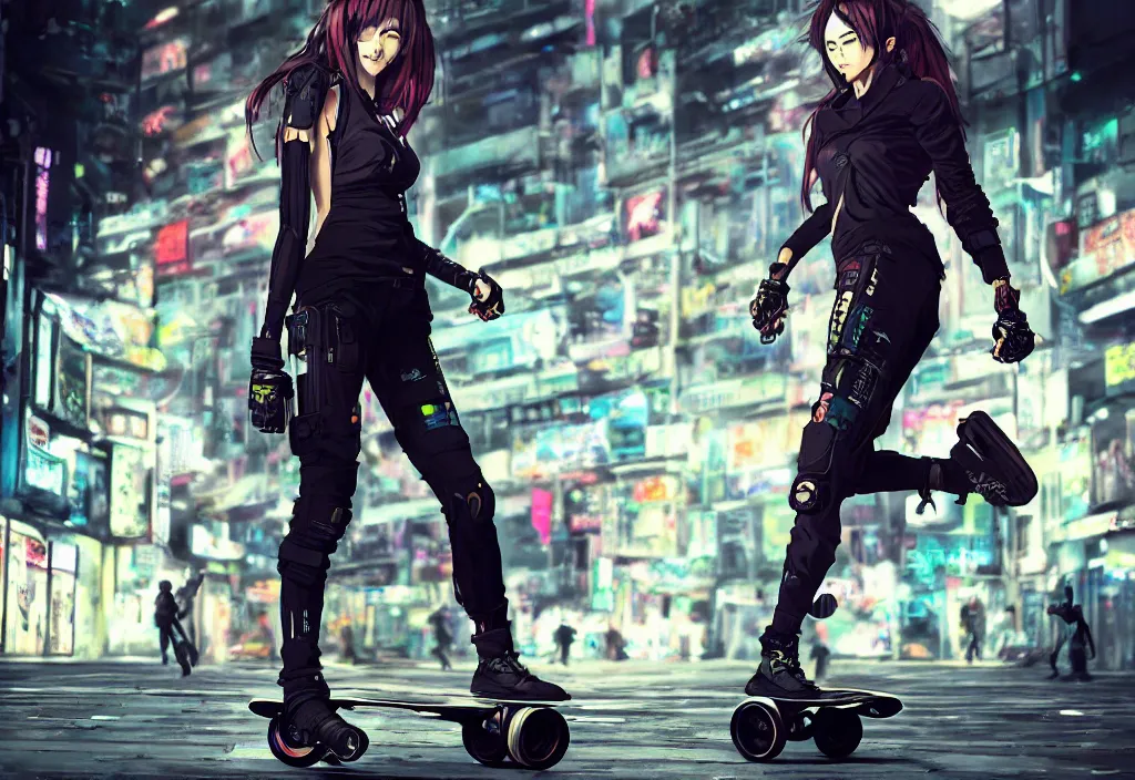 Image similar to hyper - realistic cyberpunk anime woman flip skateboard, sport, action tokyo street, extreme detail, good face, model, concept art, in style of yoji shinkawa, pan ren wei, col price, atey ghailan, by greg rutkowski, aesthetic