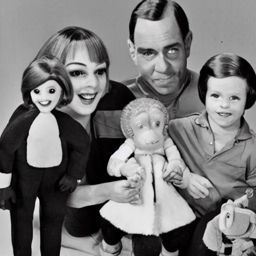 Image similar to creature family photo, toy commercial from the 60s