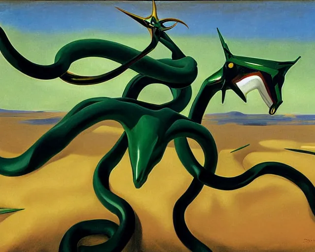 Image similar to painting of Rayquaza by John Singer Sargent, Magritte, Salvador Dali, Magritte, Salvador Dali, and John Singer Sargent