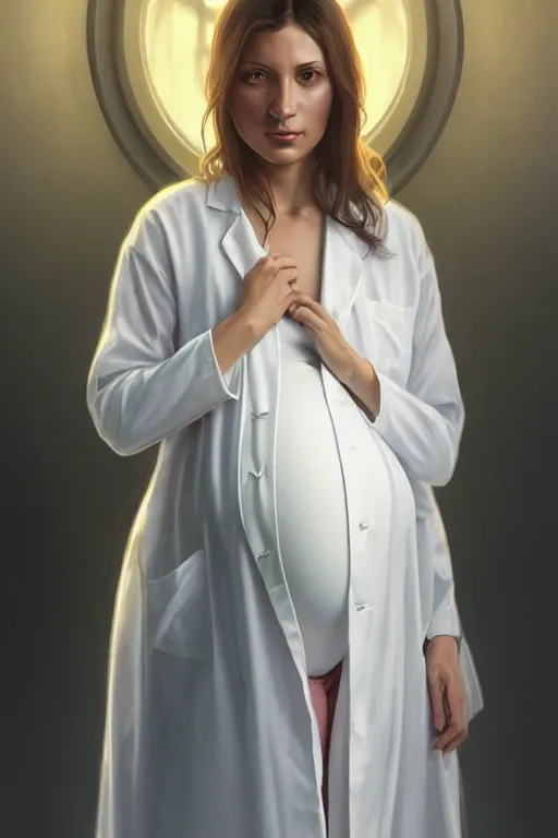 Image similar to pregnant anthony fauci in a translucent white lab coat, realistic portrait, symmetrical, highly detailed, digital painting, artstation, concept art, smooth, sharp focus, illustration, cinematic lighting, art by artgerm and greg rutkowski and alphonse mucha