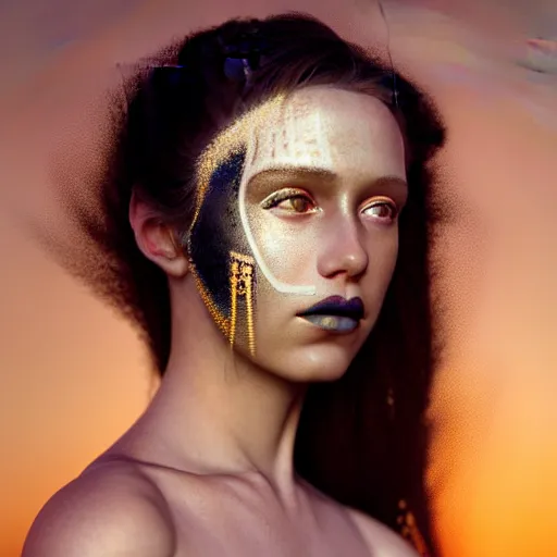 Prompt: photographic portrait of a stunningly beautiful renaissance female with abstract tribal makeup in soft dreamy light at sunset, contemporary fashion shoot, by edward robert hughes, annie leibovitz and steve mccurry, david lazar, jimmy nelsson, breathtaking, 8 k resolution, extremely detailed, beautiful, establishing shot, artistic, hyperrealistic, beautiful face, octane render