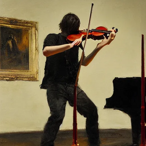 Image similar to satan competing in a violin contest, detailed jeremy mann painting