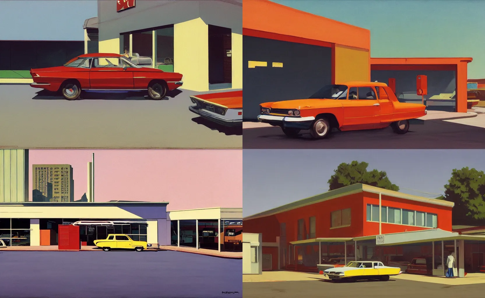 Prompt: the exterior of a used car dealer, painting by Syd Mead, Edward Hopper and William Eggleston