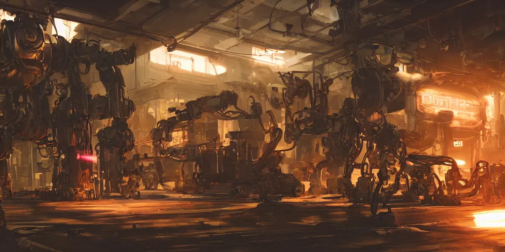 Image similar to concept art, realistic dieselpunk robot repair workshop, neon glow, volumetric lighting, strong shadows, reflections, high contrast, glowing robot motifs, octane render, curves, bladerunner, loish, syd mead, akihiko yoshida, cinematic