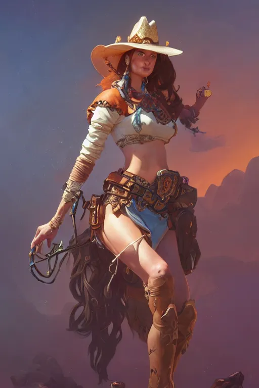 Image similar to beautiful female cowgirl, full body shot, d & d, fantasy, intricate, elegant, highly detailed, digital painting, artstation, concept art, matte, sharp focus, illustration, hearthstone, art by artgerm and greg rutkowski and alphonse mucha