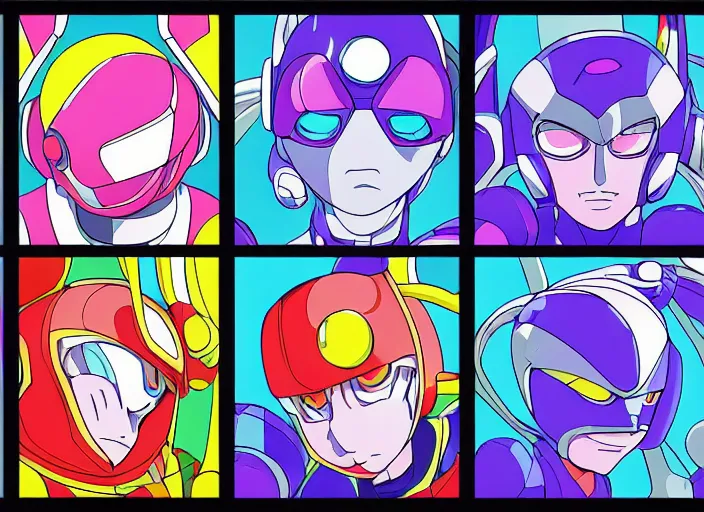 Image similar to 3 rows of 3 framed closeup colorful anime face portraits of cute evil robots from mega man, inspired by osamu tezuka, with a futuristic robotic background.