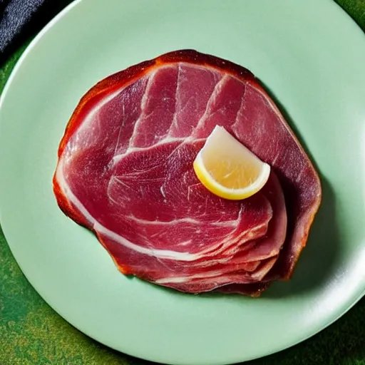 Image similar to photo of green egg and piece of ham in a plate