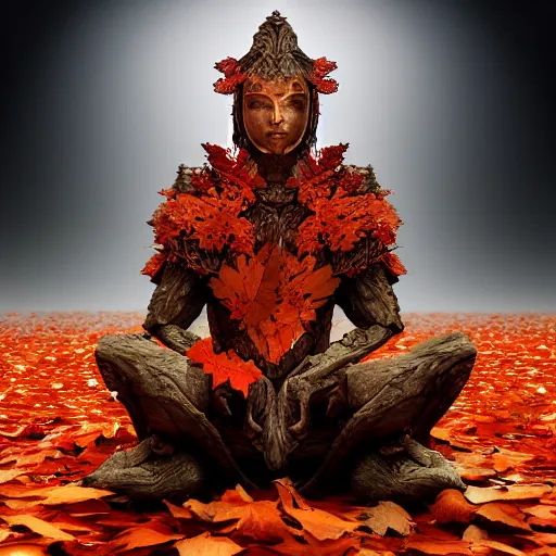 Prompt: warrior, wearing stone wood vines led diode armor, sitting in lotus position by tall tree with red and orange autumn leaves, meditation, highly detailed, dramatic lighting, night time, cinematic, sci - fi, hyperrealistic, detailed