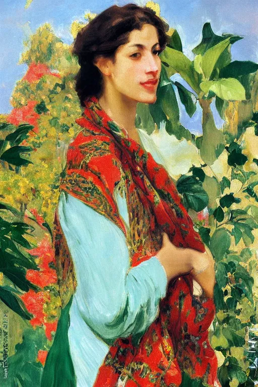 Image similar to a girl with arabesque red and green and golden detailed scarf near bougainvillea and mexican palms, persian carpet, painting by john singer sargent