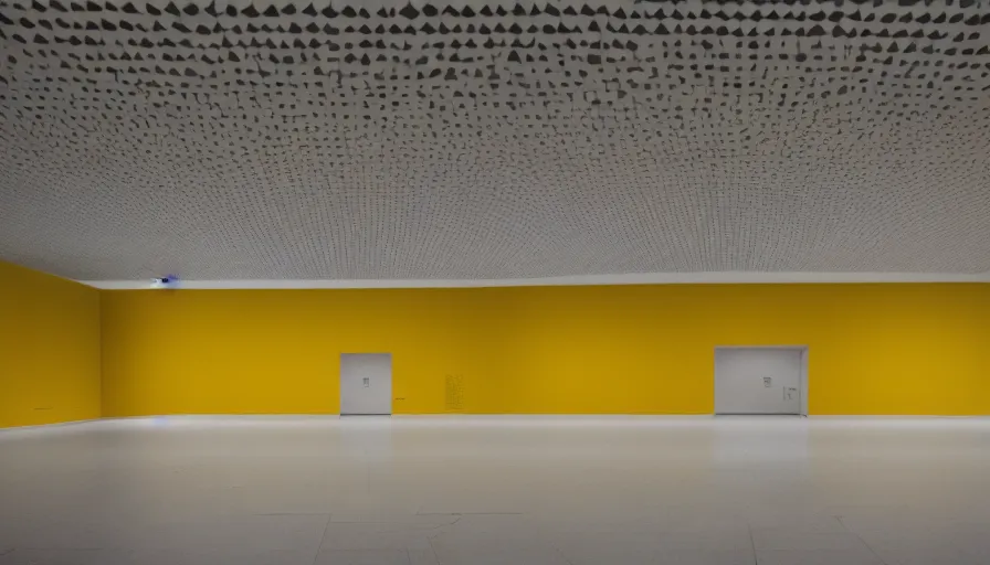 Image similar to 60s movie still of a sovietic stalinist style empty art museum with a soviet congress with yellow wall, by revolog color, liminal Space style, heavy grain