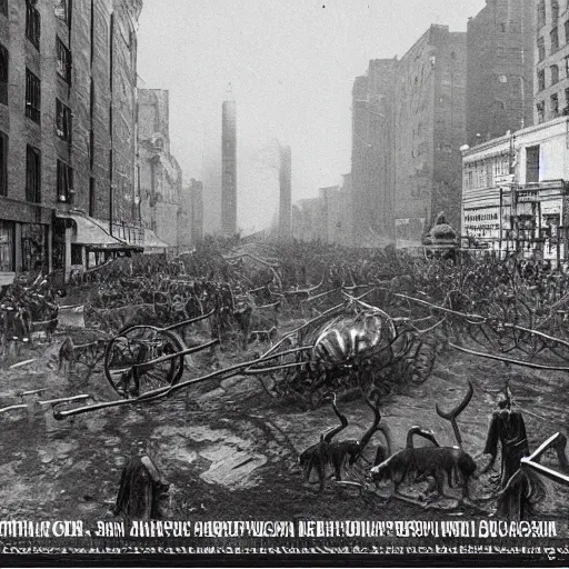 Image similar to a historic photo from 1900 shows a alien rampage in the streets of new york, ultra realistic details, 8k