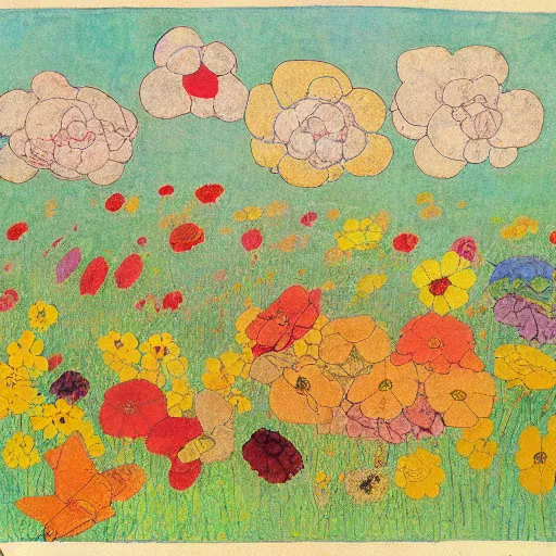 Prompt: Henry Darger colorful drawing, flowers, clouds
