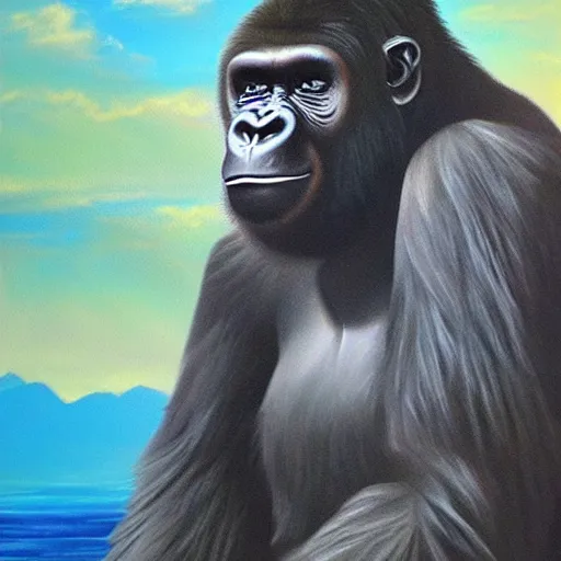 Image similar to haunted surrealist painting of a gorilla, landscape background, oil painting