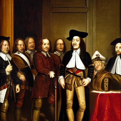 Prompt: Oliver Cromwell being arrested in Parliament by King Charles I painting 4K details