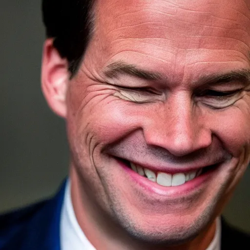 Image similar to closeup portrait of mark rutte dutch prime minister laughing, photography