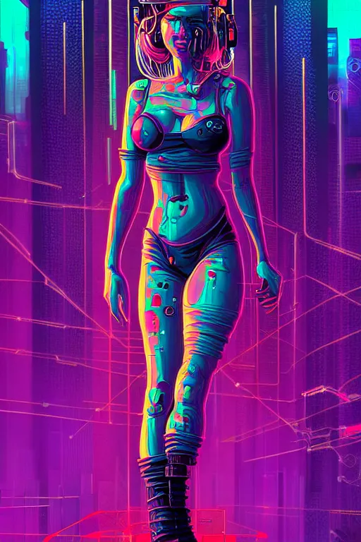 Image similar to dreamy cyberpunk girl full body shot, abstract background, digital nodes, beautiful woman, detailed acrylic, grunge, intricate complexity, by dan mumford and by jonathan solter