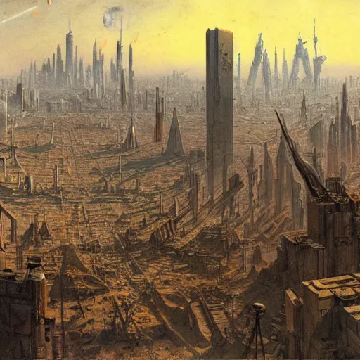Image similar to post apocalyptic Coruscant, plague, artstation by charles maurice detmold