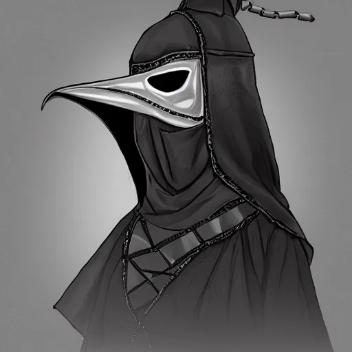 Image similar to female plague doctor donning a black hood, steel knightly armor and a white crow mask, trending on artstation