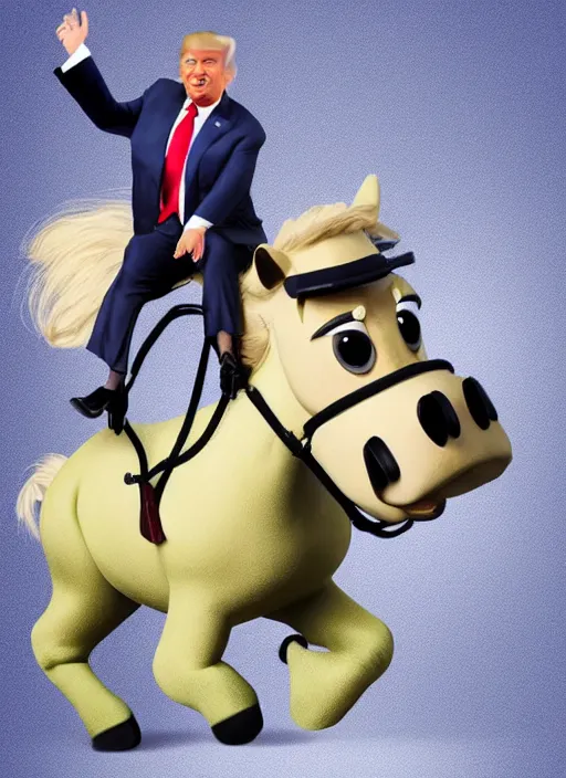 Image similar to Donald trump riding a pony in the style of pixar