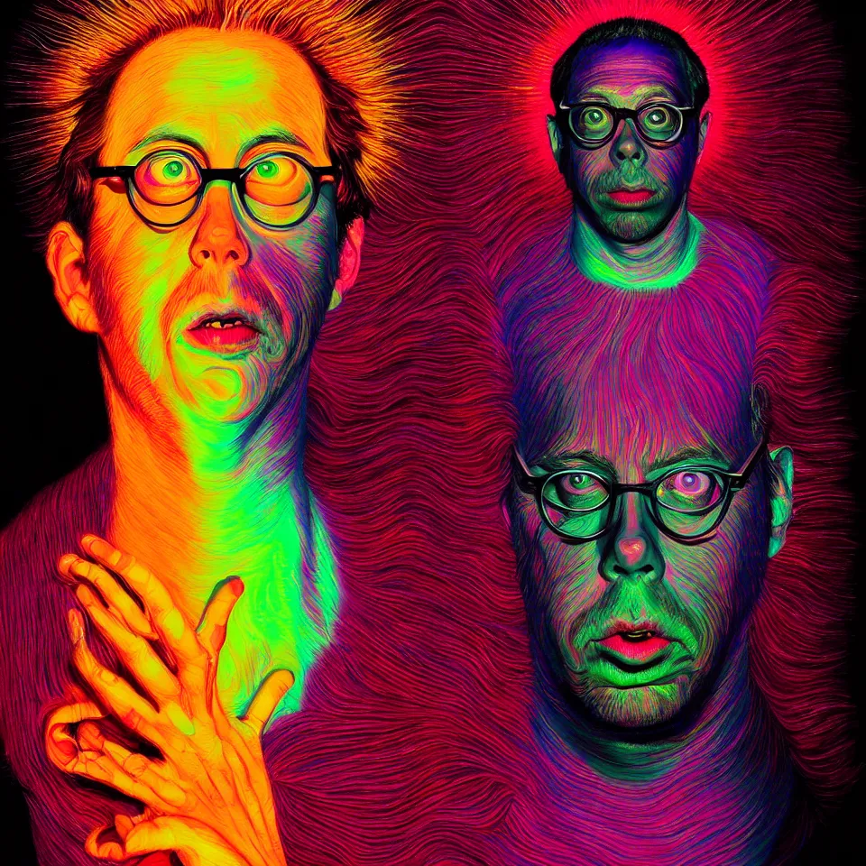 Prompt: bright psychedelic todd solondz turning into god and satan, diffuse lighting, fantasy, intricate, elegant, highly detailed, lifelike, photorealistic, digital painting, artstation, illustration, concept art, smooth, sharp focus, art by francis bacon