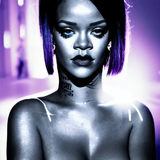 Image similar to portrait of rihanna as a cyborg in a futuristic city, surrounded by neon lights, cinematic, fantasy