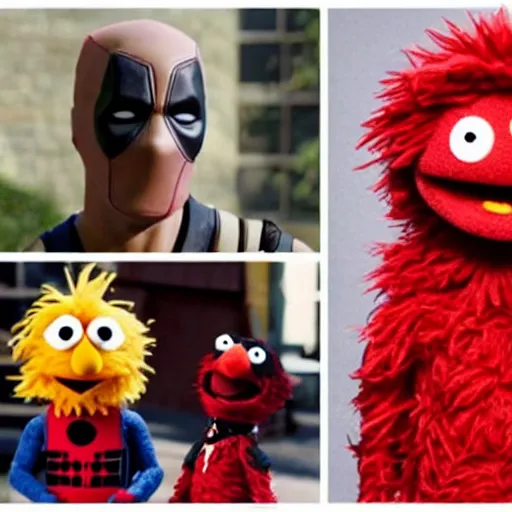 Prompt: deadpool as a sesame street muppet