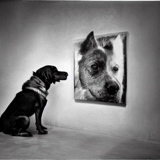 Prompt: hallucination of a dog seeing himself through the eyes of a woman after years of companionship in the fertile plains of North America, by Sebastião Salgado
