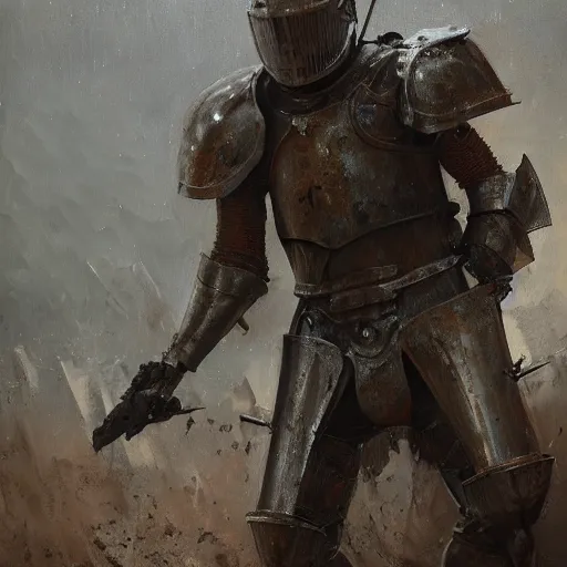 Image similar to A realistic painting of a knight in full plate armor, rusted and dirty armor, oil painting, by Greg Rutkowski, dark, moody lighting, trending on artstation, highly detailed