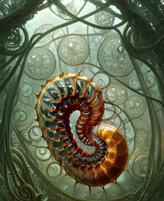 Image similar to intricate ornate opulent transparent clear see - through portrait of a horrific beautiful isopod nautilus snake, fractal, adorable, childlike, overgrown biopunk jungle environment, ultra realistic, concept art, art nouveau, photorealistic, octane render, 8 k, unreal engine. art by christopher marley and artgerm and greg rutkowski and alphonse mucha