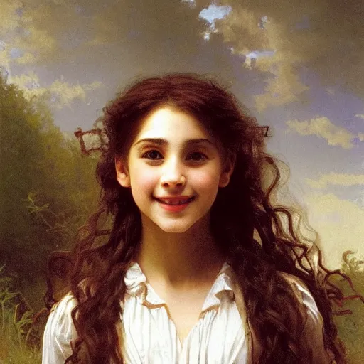 Prompt: painting of claudia vega as hermione granger. smiling. happy. cheerful. art by william adolphe bouguereau. extremely detailed. beautiful. 8 k. award winning.