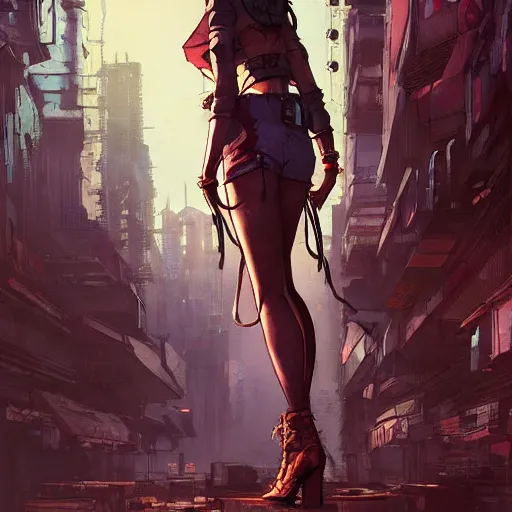 Image similar to concept art character, very high angle view, book cover, very attractive woman with full lips, walking in cyberpunk valley highly realistic, fine details, borderland 3 style, Painting, by Ashley Wood and Jamie Hewlett