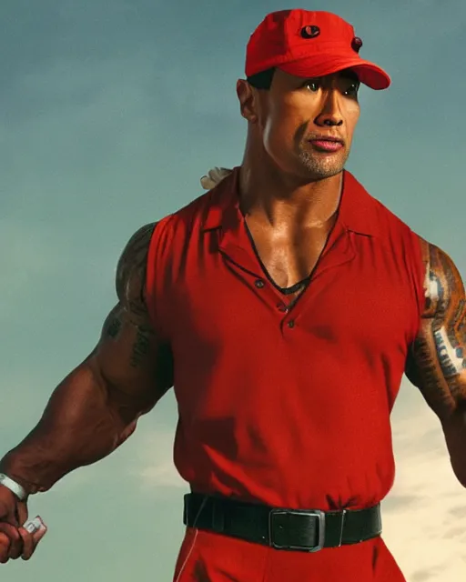 Prompt: Film still close-up shot of Dwayne Johnson as ash ketchum from the movie pokemon. Photographic, photography