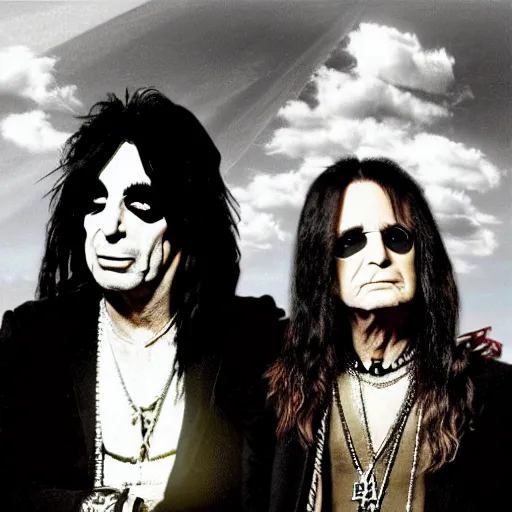 Image similar to alice cooper and ozzy osbourne in the style of american gothic