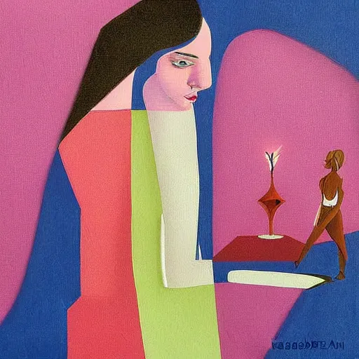 Image similar to the surreal flat painting of an image of a lady artistic by yasemin karabenli