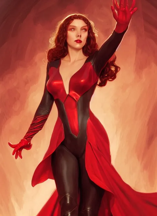 Image similar to Scarlet Witch as Lucifer morningstar, slight smile, highly detailed, digital painting, artstation, concept art, sharp focus, illustration, art by wlop and J. C. Leyendecker and Edmund Bliar Leighton and Charlie Bowater