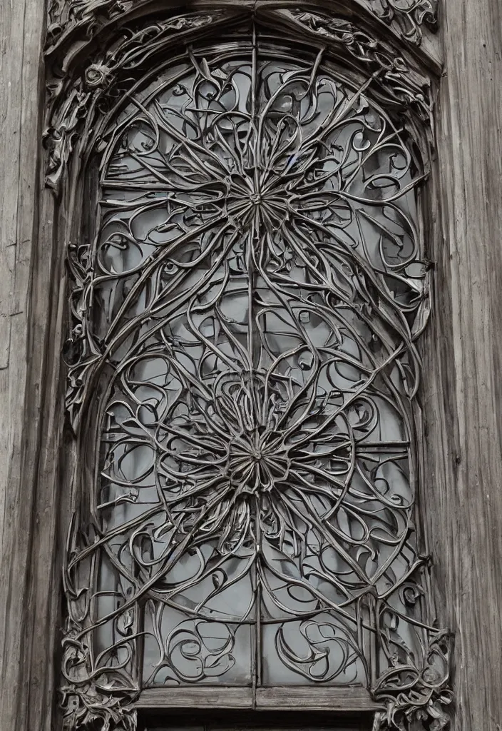 Prompt: photo of a beautiful window, symmetrical, symmetry, art nouveau, iron frame, skyrim