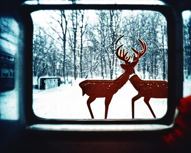 Image similar to a lomography photo of rumble between two humanoid deer in soviet train this morning, bokeh,