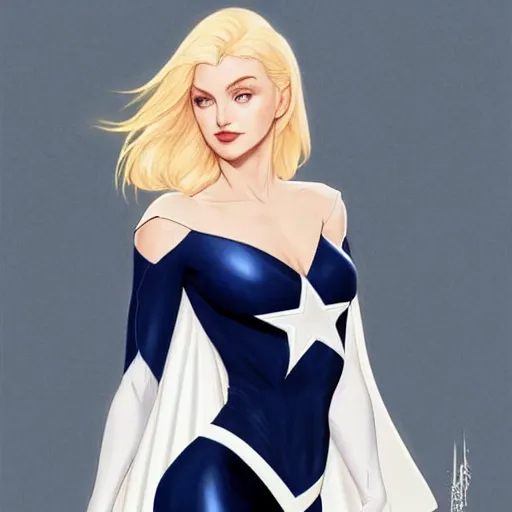 Image similar to a beautiful portrait of a beautiful cute superhero woman, blonde hair, matte navy - blue bodysuit with a white star and white cape, intricate, elegant, 8 k, highly detailed, digital painting, concept art, smooth, sharp focus, illustration, disney, anime, by artgerm and loish and wlop and alphonse mucha